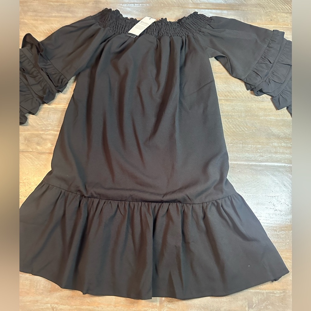 ⭐️NWT Black off the shoulder dress with ruffle sleeves and hem